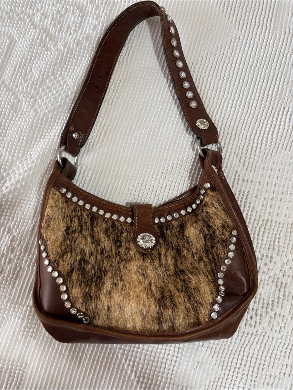 Brown Studded Shoulder Bag with Fur Accent